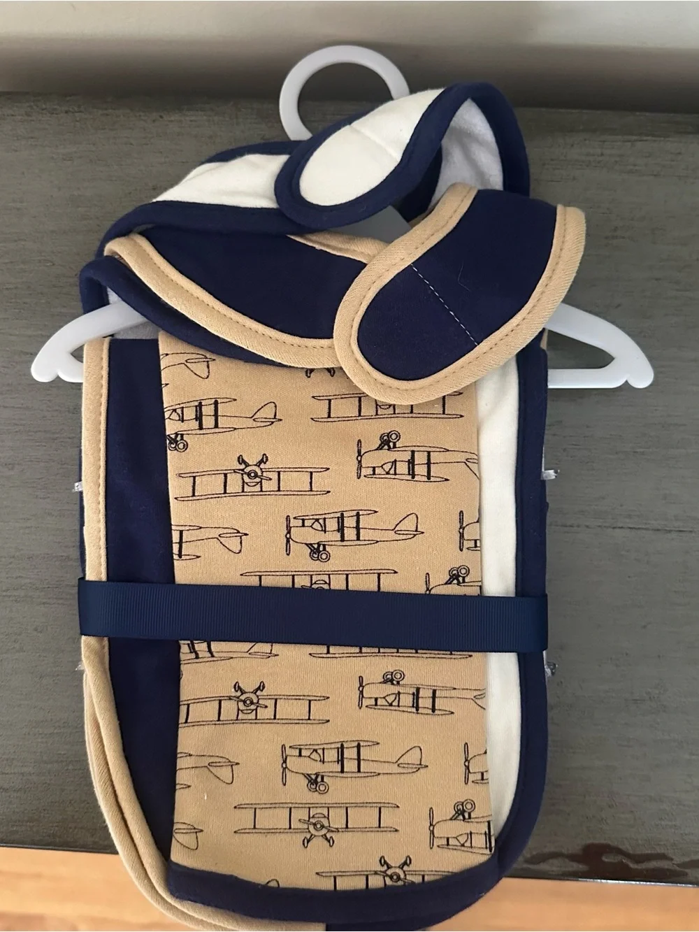 Baby Bib and Burp Cloth Set with Airplane Design - Navy, Tan, Cream, New No Tags